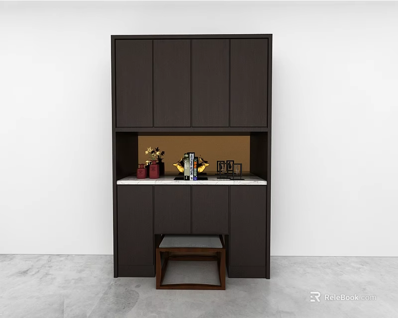 Dark Colored Wall Cabinets With Open Shelf Tea Sets White Countertop And Wooden Stool 3d model 