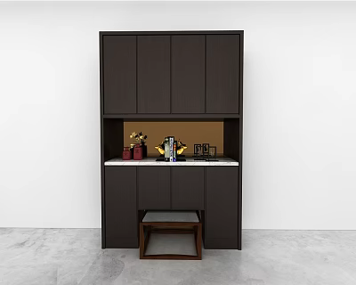 Dark Colored Wall Cabinets With Open Shelf Tea Sets White Countertop And Wooden Stool 3d model