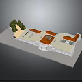 Modern White Building Featuring Red Roof Sections Green Trees Sand Area And Windows