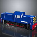 Blue Model Train Engine Featuring Yellow Black Stripes and Red Front on Reflective Surface 3d model