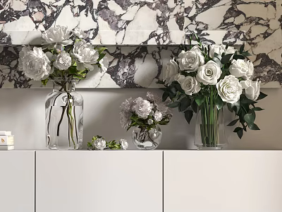 White Roses Displayed in Glass Vases on White Cabinet with Marble Wall 3d model