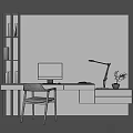 Modern Home Office Desk and Chair Set with Bookshelf Computer Desk Lamp and Potted Plant