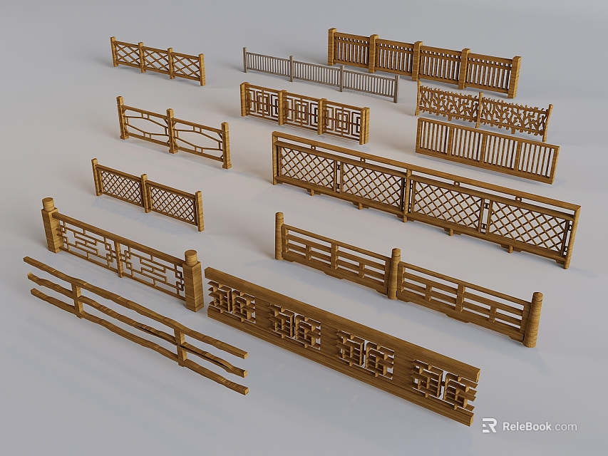 Wooden Railings With Various Designs Including Lattice Slatted And Fence Styles 3d model 