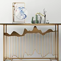 Elegant Modern Console Table With Gold Metal Frame Mountain Pattern And Decorative Vases 3d model