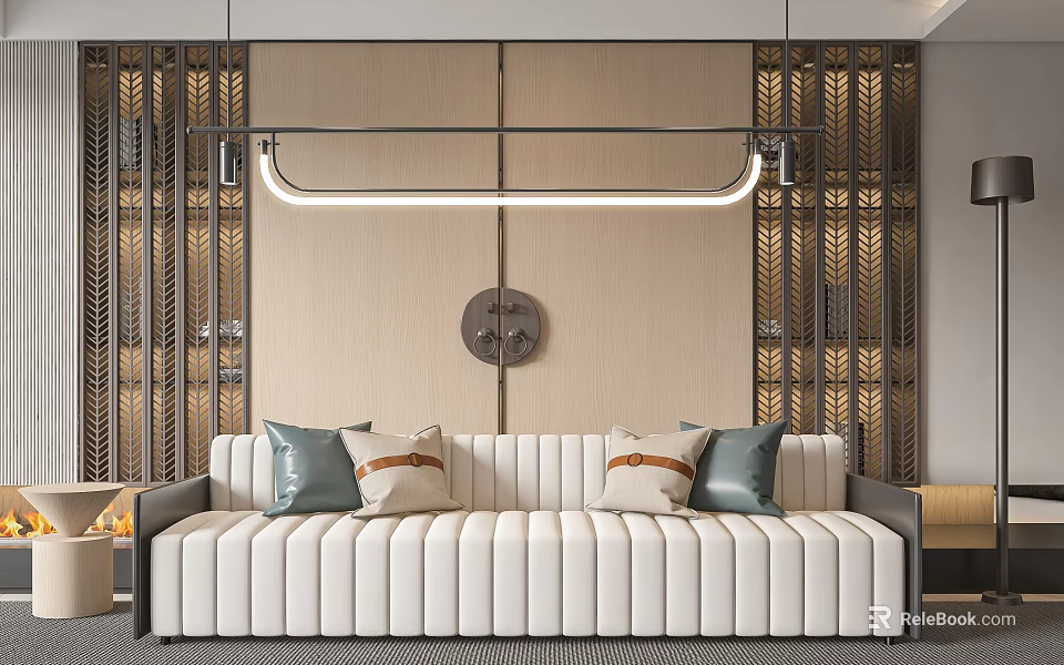 Modern Sectional Sofa With White Striped Upholstery Blue Beige Pillows And Modern Wall Decor 3d model 