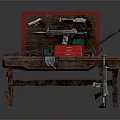 Wooden Workbench Featuring Assorted Weapons Tools Gun And Toolbox Equipment