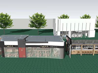 Modern Commercial Building Exterior With Glass Facade Green Lawn And Storefronts 3d model