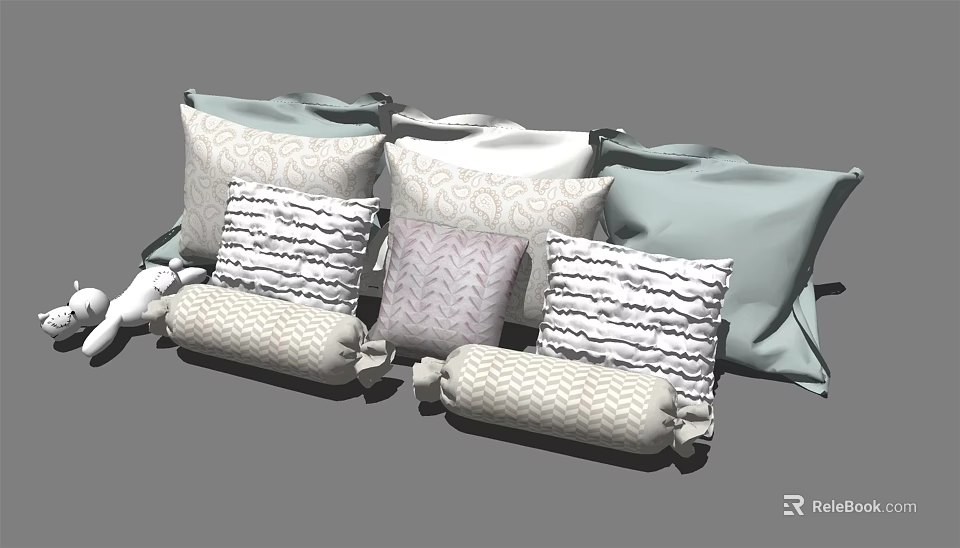 Decorative Throw Pillows in Gray Light Blue White with Striped Wavy Geometric Patterns 3d model