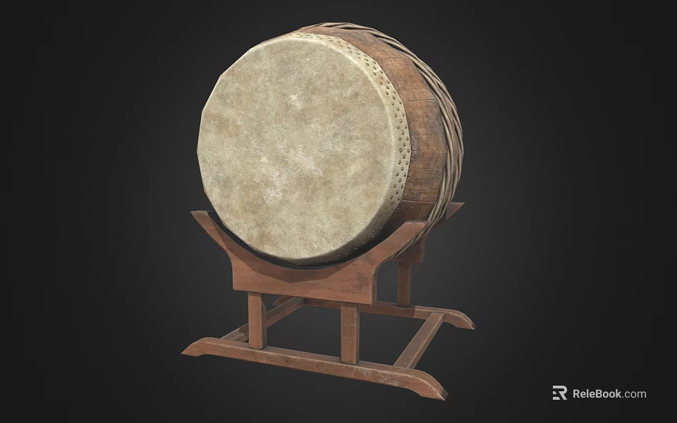 Large Traditional Drum With Round Leather Surface And Wooden Stand Base 3d model 