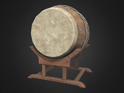 Large Traditional Drum With Round Leather Surface And Wooden Stand Base 3d model