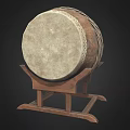 Large Traditional Drum With Round Leather Surface And Wooden Stand Base 3d model