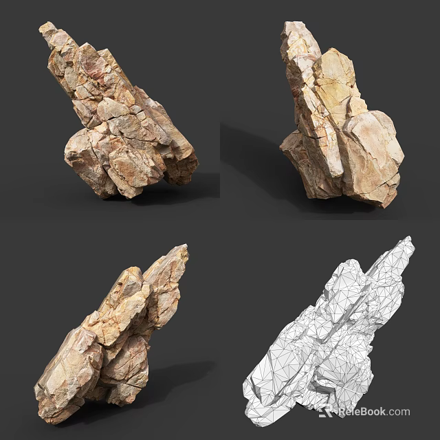 Detailed Natural Stone Rock Views With Various Angles And Wireframe Design 3d model 