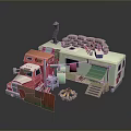 Pink And Beige Cartoon Food Truck With Chimney Sandbags Staircase And Fire Pit