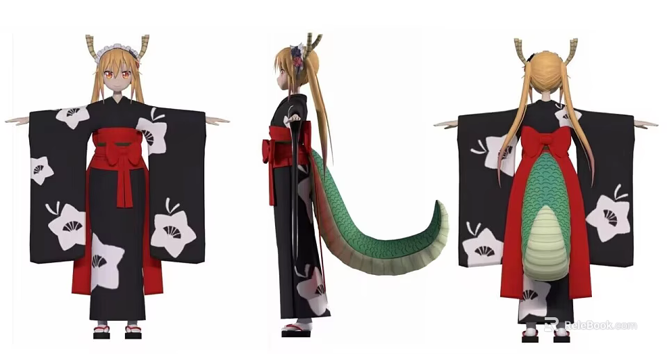 Mythical Game Anime Character In Black Kimono With Dragon Horns Green Tail And Blonde Hair 3d model 