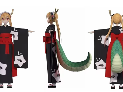 Mythical Game Anime Character In Black Kimono With Dragon Horns Green Tail And Blonde Hair 3d model