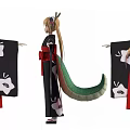 Mythical Game Anime Character In Black Kimono With Dragon Horns Green Tail And Blonde Hair
