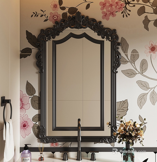 Bathroom Mirror with Ornate Black Frame Floral Wall Leaves Pink Flowers Towel Rack Flower Vase 3d model 