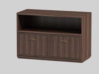 Wooden Tea Cabinet With Walnut Finish Two Doors Golden Handles And Open Shelf 3d model