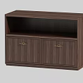 Wooden Tea Cabinet With Walnut Finish Two Doors Golden Handles And Open Shelf
