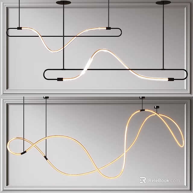 Modern Curved Pendant Lights with Sleek Metallic Frame LED Light Strips and Minimalist Wall Background 3d model 