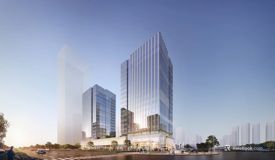 Modern High Rise Office Building With Glass Curtain Wall Urban Landscape Road Vehicles And Trees 3d model 