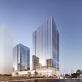 Modern High Rise Office Building With Glass Curtain Wall Urban Landscape Road Vehicles And Trees