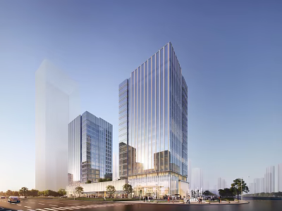 Modern High Rise Office Building With Glass Curtain Wall Urban Landscape Road Vehicles And Trees 3d model