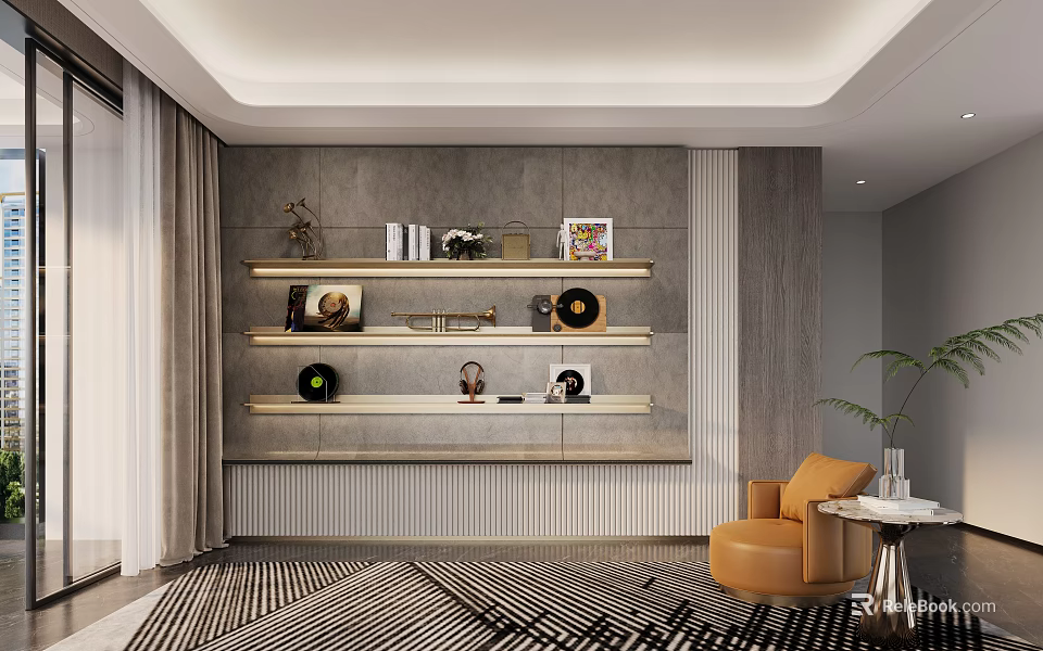 Modern Bookcase With Multiple Shelves Displaying Books Decorations And Artworks In Stylish Living Room 3d model 