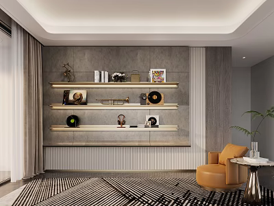 Modern Bookcase With Multiple Shelves Displaying Books Decorations And Artworks In Stylish Living Room 3d model