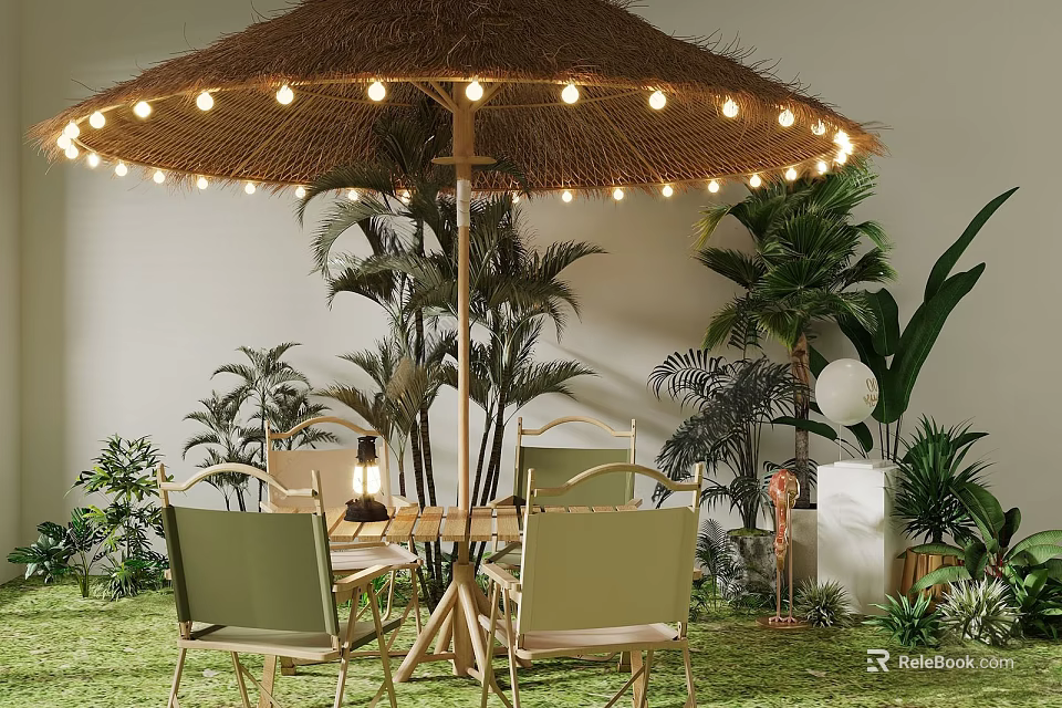 Outdoor Table with Chairs Thatched Umbrella String Lights and Palm Trees in Grass Area 3d model 