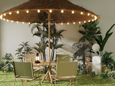 Outdoor camping table and chair combination outdoor dining table and chair combination landscape sketch green plant umbrella foldable 3d model