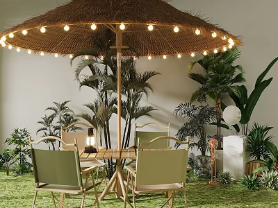 Outdoor Table with Chairs Thatched Umbrella String Lights and Palm Trees in Grass Area 3d model
