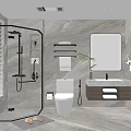 Modern Bathroom Interior With Glass Shower Enclosure Marble Wall White Toilet And Vanity Mirror