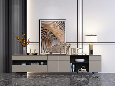Modern TV Stand Design With Decorative Painting Table Lamp And Storage Compartments 3d model