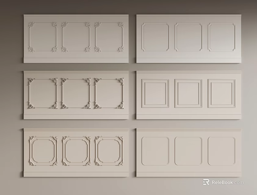 White Wall Panels Featuring Various Decorative Lines And Detailed Panel Designs 3d model 