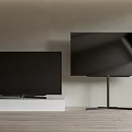 Modern Televisions Display With White Platform Black Stand Light Wall And Wooden Floor