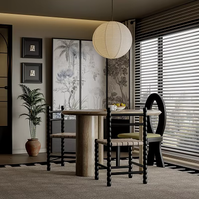 Elegant Restaurant Interior Featuring Wooden Table Chairs Framed Paintings Hanging Lantern And Window Blinds 3d model