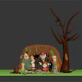 Group Of Cartoon Characters With Forest Creatures Near Cave And Tall Tree In Grass