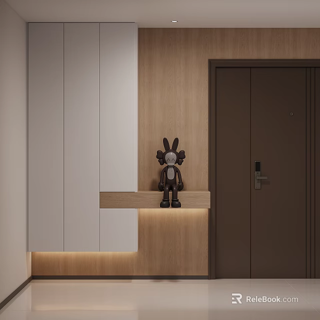 Modern Minimalist Entryway Hallway Interior With Wooden Wall Cabinet And Decorative Figure 3d model 