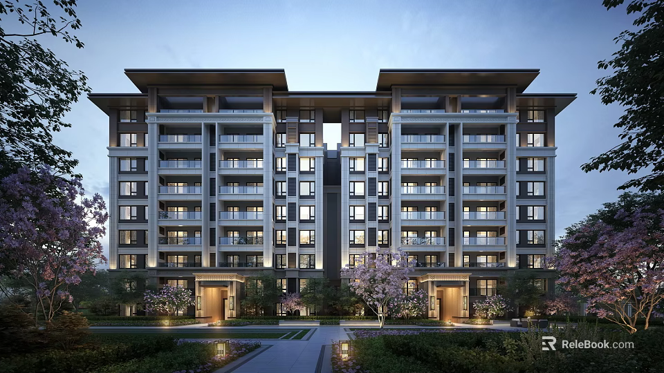 Beautiful Modern Residential Building Exterior Featuring Balconies Landscaping Trees And Lighting 3d model 
