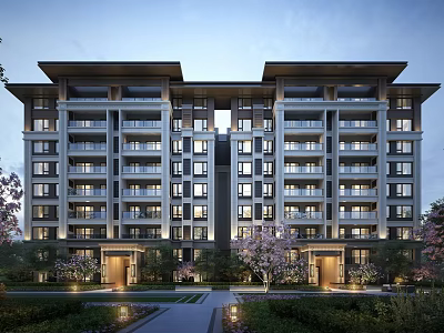 Beautiful Modern Residential Building Exterior Featuring Balconies Landscaping Trees And Lighting 3d model