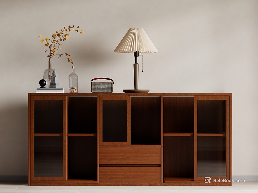 Wooden Storage Cabinet with Multiple Compartments Drawer Table Lamp and Decorative Items in Living Room 3d model 