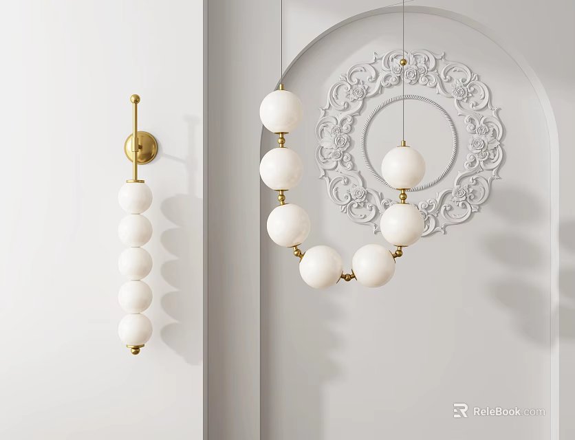 Modern White Globe Chandelier With Gold Accents And Carved Wall Decor Design 3d model 