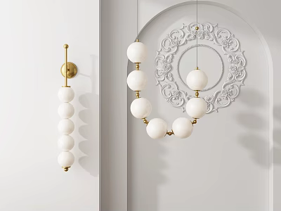 Modern White Globe Chandelier With Gold Accents And Carved Wall Decor Design 3d model