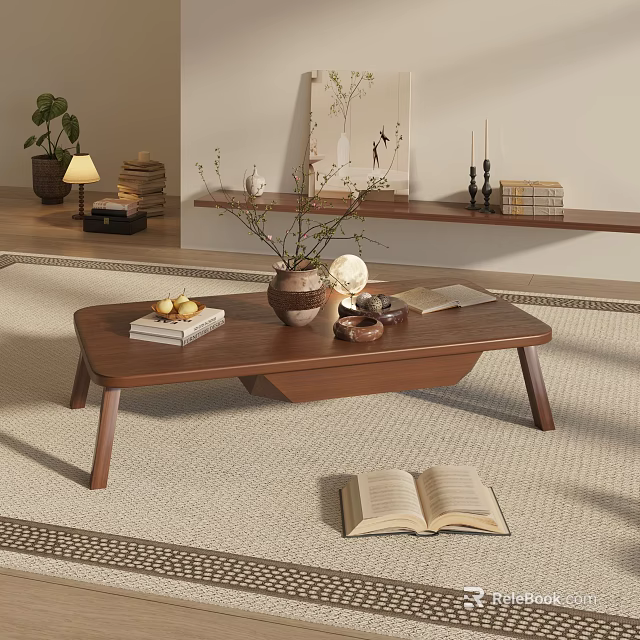 Living Room Wooden Coffee Table With Books Vase Fruits Candles Open Book On Rug 3d model 