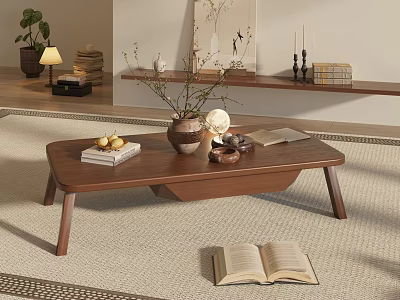 Living Room Wooden Coffee Table With Books Vase Fruits Candles Open Book On Rug 3d model