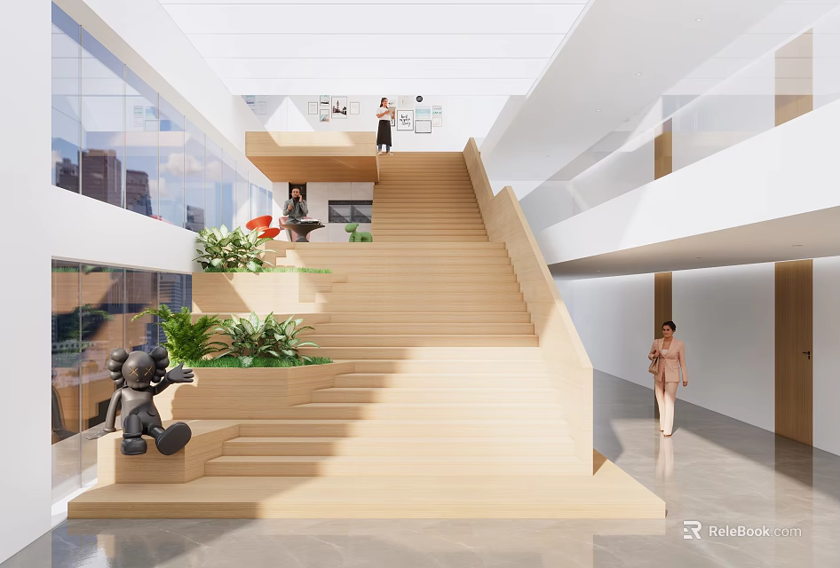 Modern Interior Space With Spacious Staircase Green Plants And Large Windows 3d model