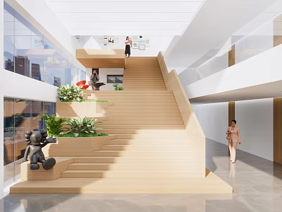 Modern Interior Space With Spacious Staircase Green Plants And Large Windows 3d model