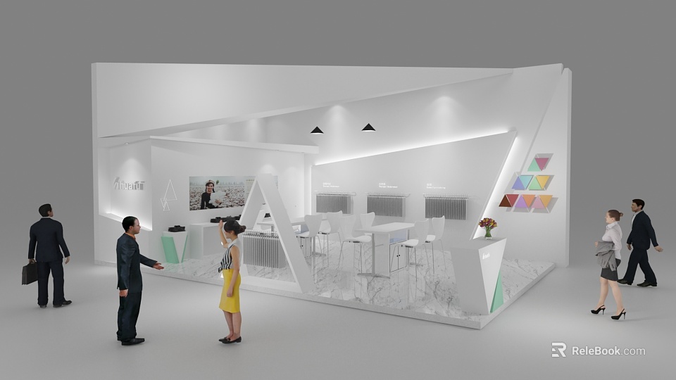 Modern White Exhibition Booth Design With Display Area White Counter Chairs And Geometric Decor 3d model 