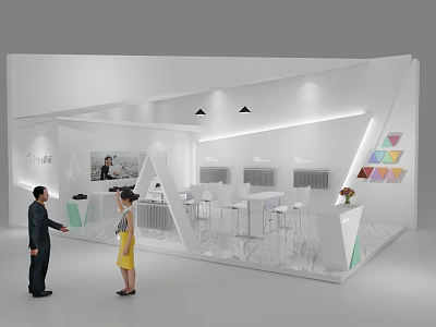 Modern White Exhibition Booth Design With Display Area White Counter Chairs And Geometric Decor 3d model